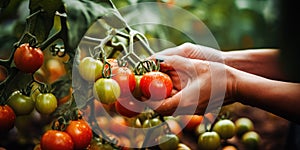 Picking tomatoes an eco-friendly organic farm. Tomatoes in the hands of a farmer. Generative AI