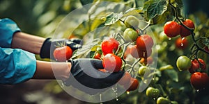 Picking tomatoes an eco-friendly organic farm. Tomatoes in the hands of a farmer. Generative AI