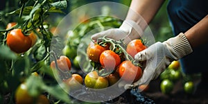 Picking tomatoes an eco-friendly organic farm. Tomatoes in the hands of a farmer. Generative AI