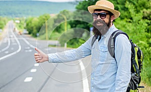 Picking up hitchhikers. Stop car. Man try stop car thumb up. Hitchhiking one of cheapest ways traveling. Hitchhikers