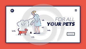 Picking up pets waste landing page design with cartoon girl cleaning after dog on walk