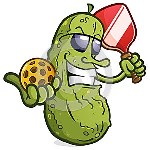 Pickle cartoon character with attitude holding pickleball gear