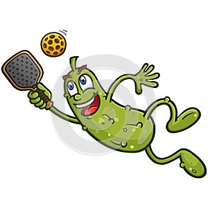Pickle Cartoon Character Diving to hit a Pickleball during a match