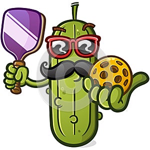 Pickle Cartoon Character holding Pickleball Gear and Sporting a slick pair of shades and a big hairy mustache