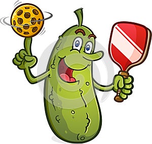 Pickle cartoon character spinning a pickleball like a basketball on his finger