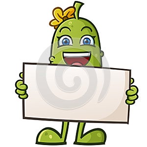 Pickle Cartoon Mascot Holding a Large Sign In Front of it\'s Body with a Big Smile