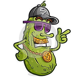 Pickle cartoon rapper urban entertainer wearing shades and gold bling
