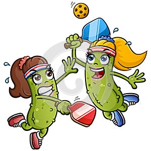 Pickle girl cartoons having a pickleball match