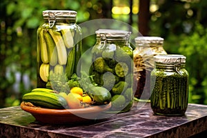 pickle jars with garden-fresh vegetables beside them