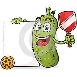 Pickleball cartoon mascot holding a big blank sign and a paddle and ball vector clip art