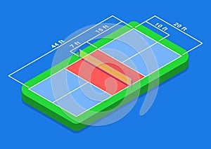 Pickleball court dimensions isometric diagram.