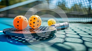 Pickleball equipment on the court, featuring paddles and balls, ready for a lively game up close photo