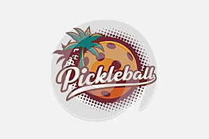 pickleball logo with a combination of a ball, coconut trees and beautiful lettering in vintage style with halftone effect