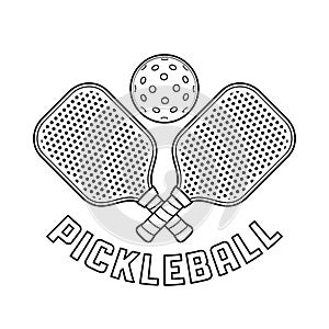 Pickleball Logo With Crossed Racket and Ball Above Them in Outline Style