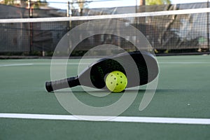 Pickleball Paddle and Ball on Court