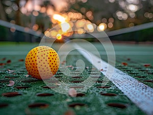 Pickleball paddle and ball on the court