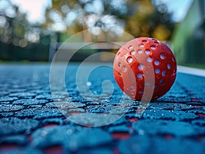 Pickleball paddle and ball on the court