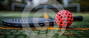 Pickleball paddle and ball on the court