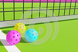 Pickleball sports balls near the net on the court.