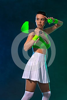 Pickleball tennis player with racket and ball at open tour. Sports woman at the court. Social media template