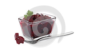 Pickled beets with parsley in glass bowl and fork isolated