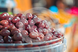 Pickled black olive in market