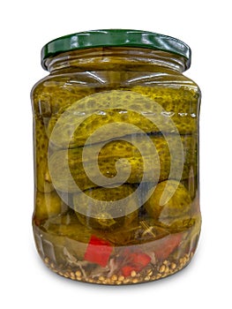 Pickled certioli flavored with chili and pepper in glass jar