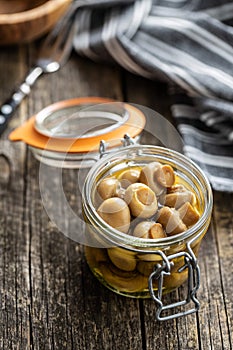 Pickled champignons. Marinated mushrooms in jar