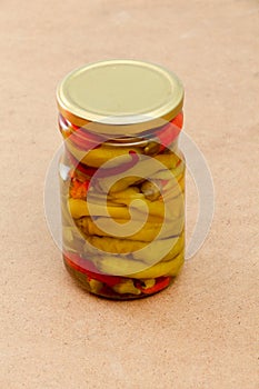 Pickled chilli paprika in jar ready for winter