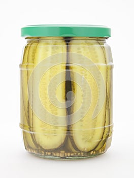 Pickled cucumber slices in glass