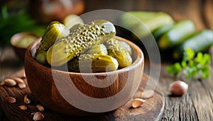Pickled cucumbers in bowl on wooden rustic board