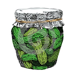 Pickled cucumbers in brine and jar vector.
