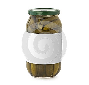 Pickled cucumbers glass with blank label isolated on white background