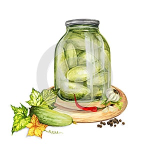 Pickled cucumbers in a glass jar, fresh cucumber, garlic, pepper, and parsley, watercolor