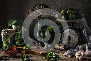 Pickled cucumbers in a glass jar with herbs and dill spices. Canned cucumbers on a dark rustic background. Natural products ready