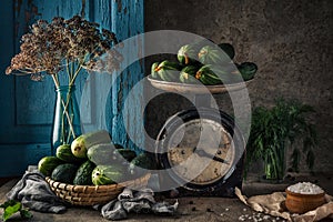 Pickled cucumbers in a glass jar with herbs and dill spices. Canned cucumbers on a dark rustic background. Natural products ready