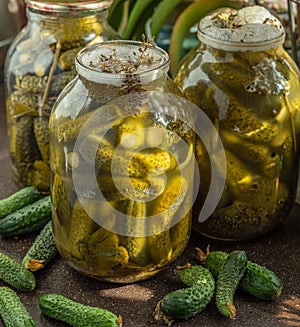 Pickled cucumbers in a glass jar, homemade preserved food close-up