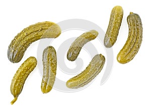 Pickled cucumbers isolated on white background, top view. Cornichons
