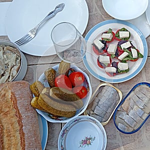 Pickled cucumbers, salted herring, snacks of cheese and vegetables on table served for dinner