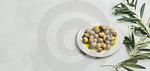 Pickled green Mediterranean olives and olive-tree branch, wide format