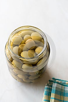 Pickled Green Olives in Glass Bottle Jar