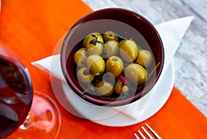 Pickled green olives without stone - typical Spanish tapas olivas verdes sin hueso photo