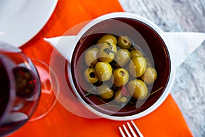 Pickled green olives without stone - typical Spanish tapas olivas verdes sin hueso photo