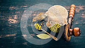 Pickled green peas in a jar. Stocks of food.