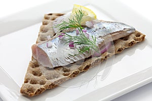 Pickled herring on crisp bread