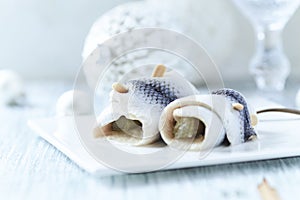 Pickled herring fillets, Rollmops,