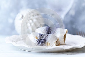 Pickled herring fillets, Rollmops,