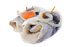 Pickled herring rollmops isolated on white