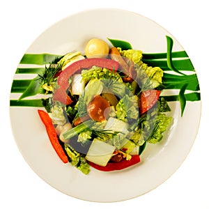 Pickled mushroom salad with raw fresh vegetables. Decorated with