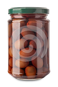 Pickled olives in glass jar isolated
